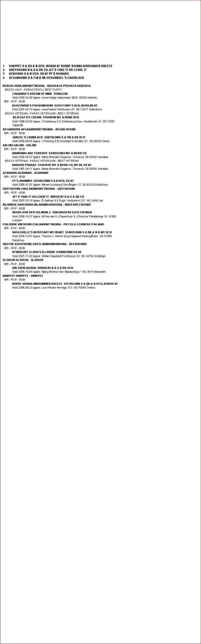 Textruta: 1	WHIPPET S & DK & N UCH, NORDV-07 BURNT SIENNA MIDSUMMER BREEZE2	GREYHOUND N & S & DK CH JET�S TAKE IT OR LEAVE IT3	AZAWAKH S & N UCH, SV-07 PY�S AWAMBO4      AFGANHUND S & FIN & DK UCHJANGEL�S CADIBLACKBORZOI-VEN�J�NVINTTIKOIRA - RUSSKAYA PSOVAYA BORZAYA	 B�STA VALP - PARAS PENTU- BEST PUPPY	CARABIDA�S DREAM OF MINE  FI16622/09	f�dd 2009-02-08 �gare  Anne Kataja Alakiventie 3B25  00920 Helsinki	BIR - ROP - BOB	BORZOWSKI�S PHENOMENOM  S24117/2007 S UCH, NORDJW-07	f�dd 2007-02-14 �gare  Lena Hamel Holmbodav.87  SE-19277 Sollentuna	 B�STA VETERAN - PARAS VETERAANI - BEST VETERAN	JELISTAZ ICE CREAM  S19189/98 INT & NORD UCH	f�dd 1998-02-04 �gare  S.Holmberg & S.S�derberg Dybo, Geddeholm 10  SE-72597 	V�ster�sAFGANHUND-AFGAANINVINTTIKOIRA - AFGAN HOUND	BIR - ROP - BOB	JANGEL�S CADIBLACK  S56210/2005 S & FIN & DK UCH	f�dd 2005-08-05 �gare  J.Flybring & B.Gr�nblad S.Nyvallsv.21  SE-80425 G�vleSALUKI-SALUKI - SALUKI	BIR - ROP - BOB	DIAMONDS ARE FOREVER  S44593/2004 INT & NORD CH	f�dd 2004-05-27 �gare  Marie Branden �ngarna - �nnerud  SE-65591 Karlstad	 B�STA VETERAN - PARAS VETERAANI - BEST VETERAN	BADAVIE PHARAZ  S34159/97 INT & NORD CH, NV-99, SV-02	f�dd 1997-04-11 �gare  Marie Branden �ngarna - �nnerud  SE-65591 KarlstadAZAWAKH-AZAWAKH - AZAWAKH	BIR - ROP - BOB	PY�S AWAMBO  S51503/2006 S & N UCH, SV-07	f�dd 2006-07-01 �gare  Mikael Axenborg S�vs�ngarv.12  SE-63233 EskilstunaGREYHOUND-ENGLANNINVINTTIKOIRA - GREYHOUND	BIR - ROP - BOB	JET�S TAKE IT OR LEAVE IT  N09342/07 N & S & DK CH	f�dd 2007-03-18 �gare  �.Gjetnes & E.Engh Vestsidevn 321  NO-3400 LierIRL�NDSK VARGHUND-IRLANNINSUSIKOIRA - IRISH WOLFHOUND	BIR - ROP - BOB	URSUS VON DER OELMUHLE  VDH/DWZB IW 12215 FIN MVA	f�dd 2006-10-27 �gare  M.Pascale & J.Papenfuss & J.Roesner Pet�j�nkuja 18  91980 	LumijokiITALIENSK VINTHUND-ITALIANVINTTIKOIRA - PICCOLO LEVRIERO ITALIANO	BIR - ROP - BOB	SKOGSVILLE�S KICKSTART MY HEART  S14815/2006 S & DK & N & INT UCH	f�dd 2005-12-07 �gare  Therere o. Henrik Skog H�glared Nedreg�rden  SE-51690 	Dalsj�forsSKOTSK HJORTHUND-SKOTLANNINHIRVIKOIRA - DEERHOUND	BIR - ROP - BOB	HYNDSIGHT CLOUD�S ILLUSION  S35009/2008 SV-09	f�dd 2007-11-03 �gare  Stefan Hagstedt Fromtorpsv.32  SE-14792 Gr�dingeSLOUGHI-SLOUGHI - SLOUGHI	BIR - ROP - BOB	AIN ZAFIR BADRA  N10595/07 N & S & DK UCH	f�dd 2006-10-05 �gare  Bj�rg Brenne Olav Bjaalandsg.7  NO-3675 NotoddenWHIPPET-WHIPPET - WHIPPET	BIR - ROP - BOB	BURNT SIENNA MIDSUMMER BREEZE  S51795/2006 S & DK & N UCH, NORDV-07	f�dd 2006-06-23 �gare  Lisa Winder Hermige 313  SE-70594 �rebro